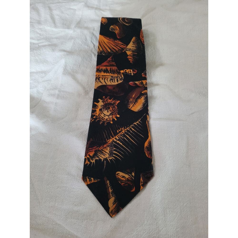 Vertigo Men Seashell Print Tie Black Orange 100% Cotton Vintage 57" x 3.5"